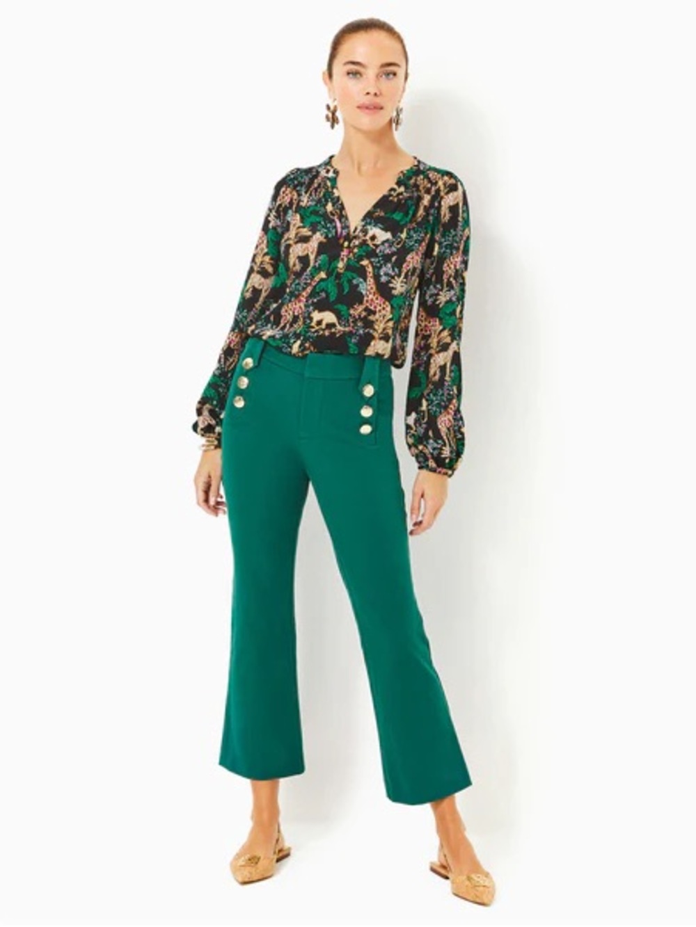 Lilly Pulitzer-Parrish  Emerald Sailor - stretch Crop Pants with Gold Buttons